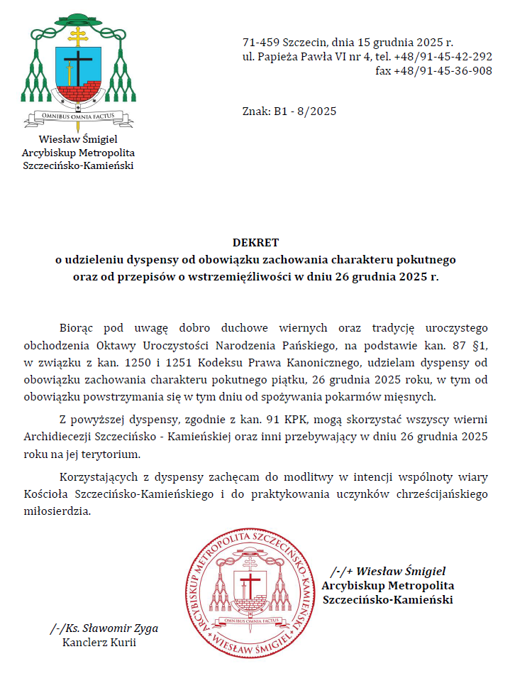 Dyspensa Arcybiskupa na piątek 26 grudnia